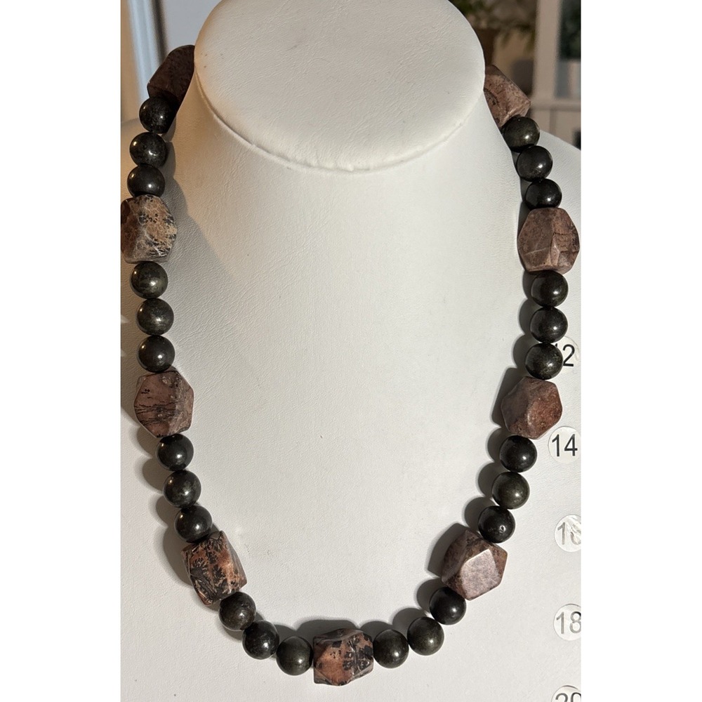 Mixed Gemstone Necklace Faceted Pink Brown Stones Magnetic Black Beads 20"